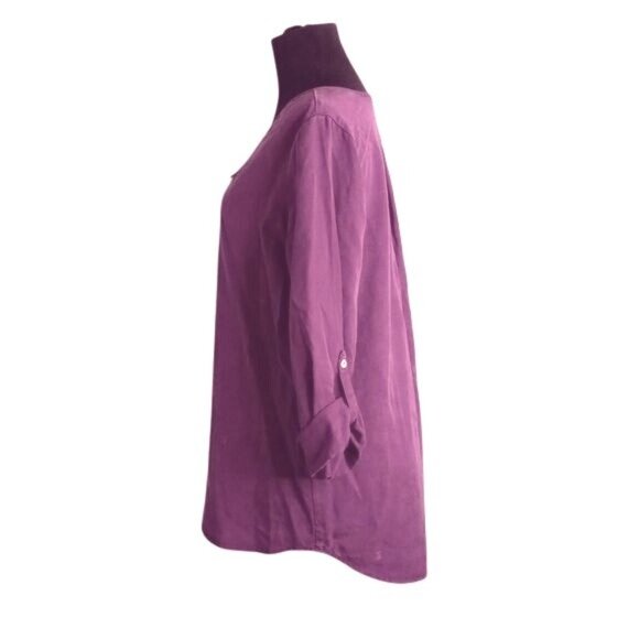Soft Surroundings Size M Tunic Top Purple Button Front V Neck Roll Tab Sleeves - Picture 3 of 10